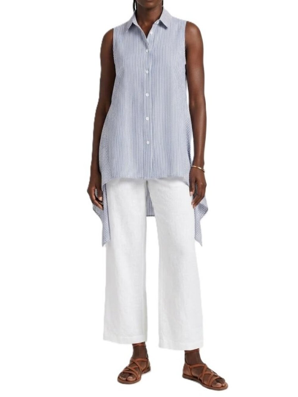 FOR CYNTHIA Linen Cotton Striped Shirt Medium Blue White Fishtail Hem Button Up
